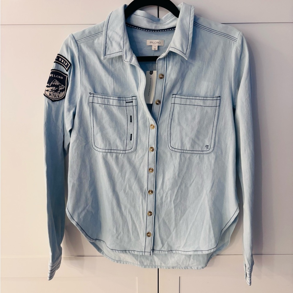 NWT Pilcro Light Blue Denim Shirt with patch Detail from Anthropology